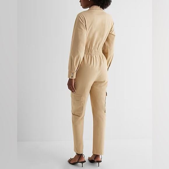 New SZ 8 express 1 PC Utility Straight Leg Chino Jumpsuit tan khaki cargo - Picture 2 of 4